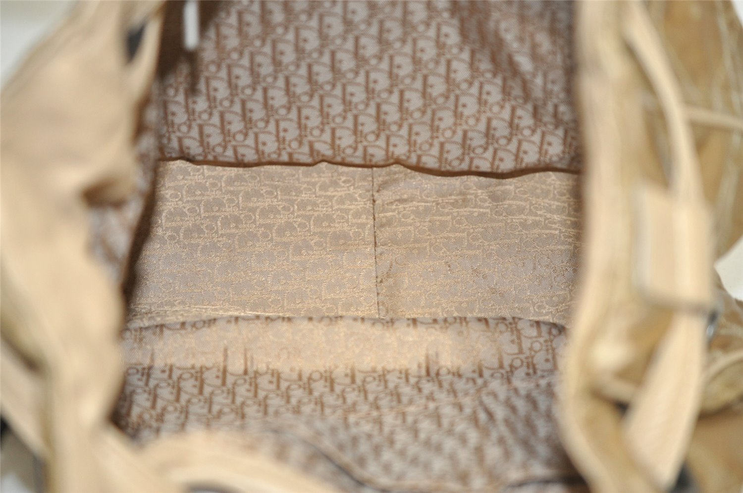 Authentic Christian Dior Cannage Nylon Leather Drawstring Bag Beige Junk 5241K