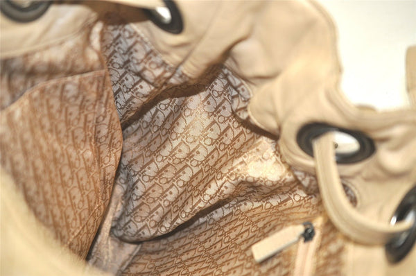 Authentic Christian Dior Cannage Nylon Leather Drawstring Bag Beige Junk 5241K