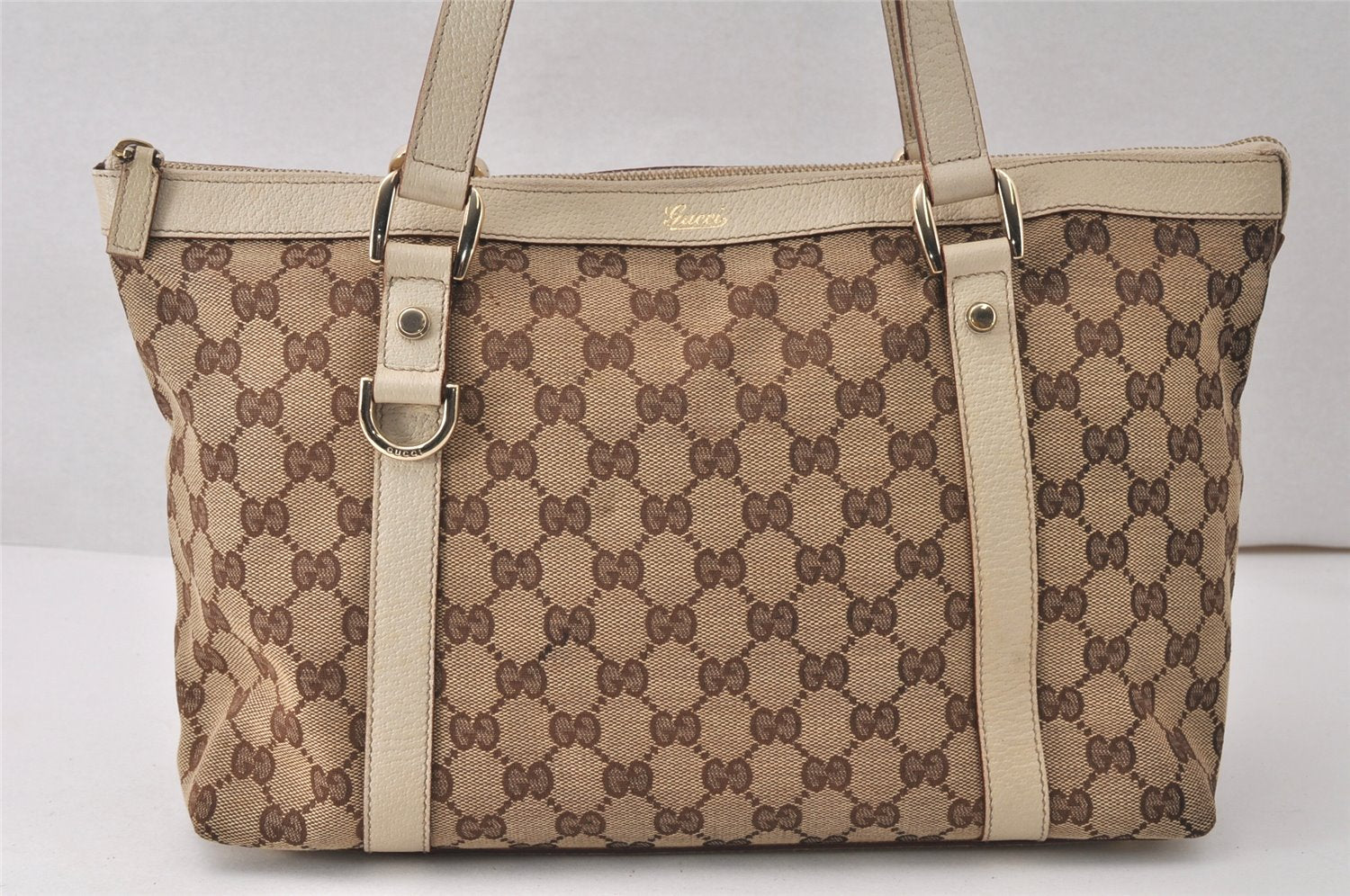 Authentic GUCCI Abbey Shoulder Tote Bag GG Canvas Leather 141470 Brown 5242K