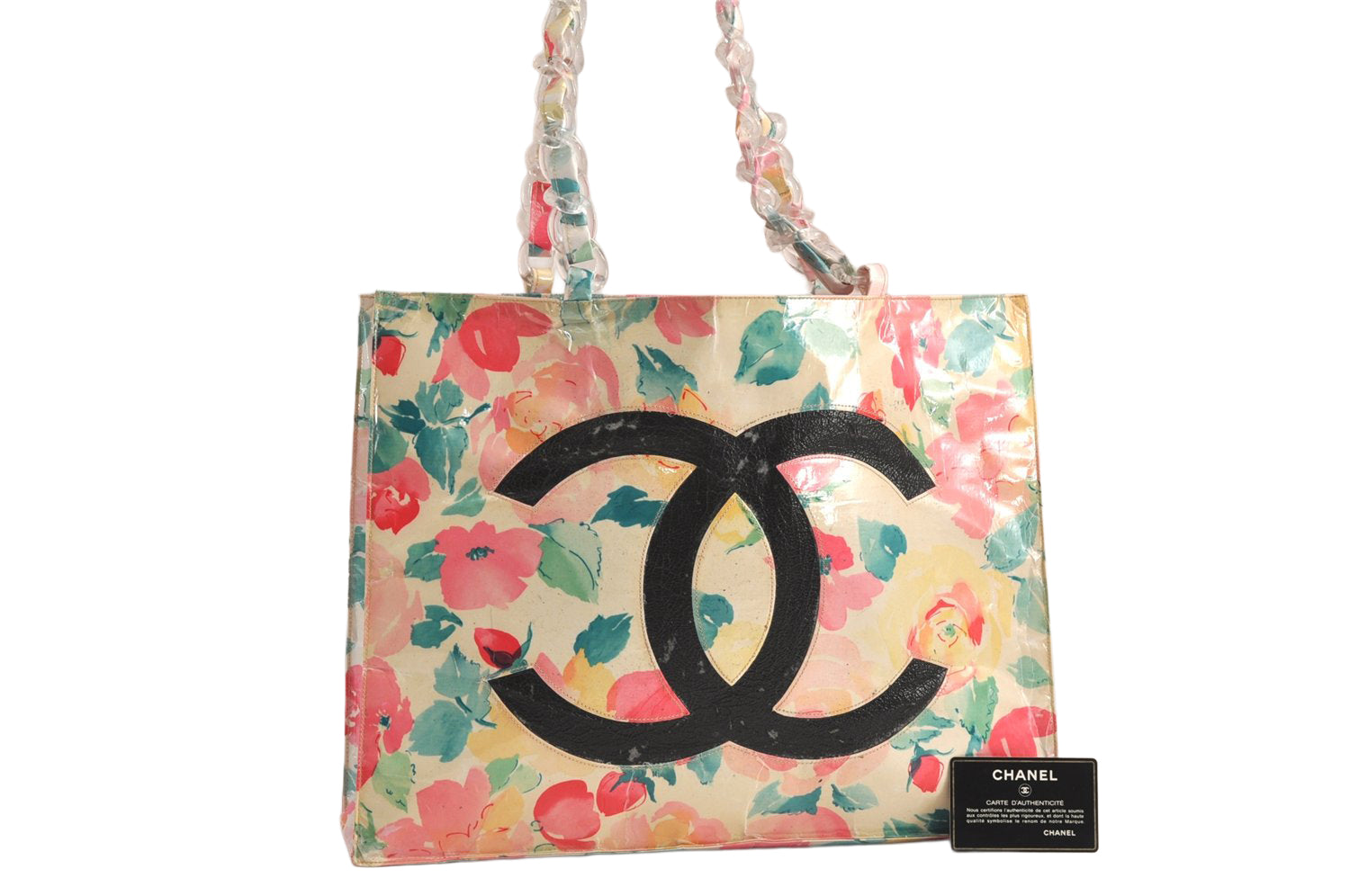 Auth CHANEL Floral Tote Bag Plastic Chain Vinyl Enamel CC Logo Cream Junk 5245M
