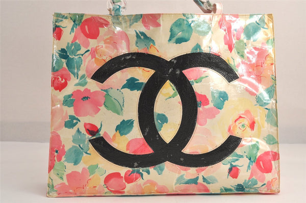 Auth CHANEL Floral Tote Bag Plastic Chain Vinyl Enamel CC Logo Cream Junk 5245M