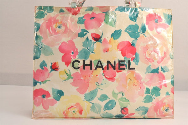 Auth CHANEL Floral Tote Bag Plastic Chain Vinyl Enamel CC Logo Cream Junk 5245M