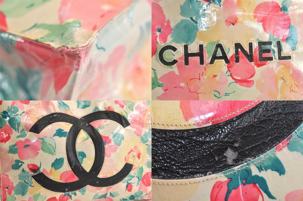 Auth CHANEL Floral Tote Bag Plastic Chain Vinyl Enamel CC Logo Cream Junk 5245M
