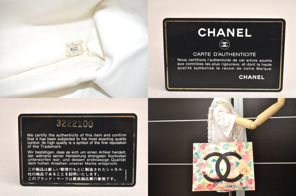 Auth CHANEL Floral Tote Bag Plastic Chain Vinyl Enamel CC Logo Cream Junk 5245M