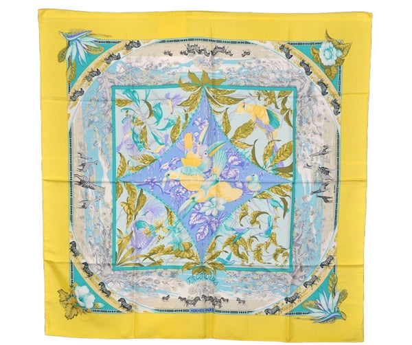 Authentic HERMES Carre 90 Scarf "TROPIQUES" Silk Yellow 5246J