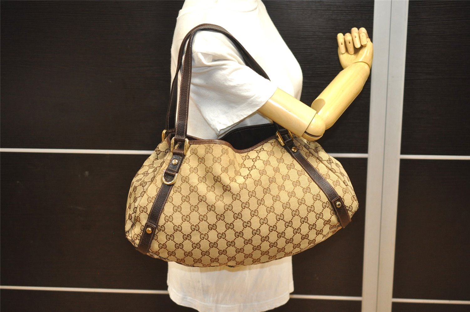 Authentic GUCCI Abbey Shoulder Tote Bag GG Canvas Leather 130736 Brown 5250J