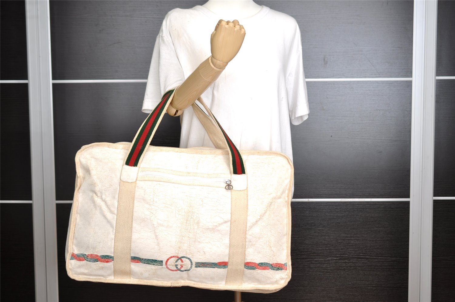 Authentic GUCCI Web Sherry Line Micro GG PVC Leather Travel Bag White Junk 5251I