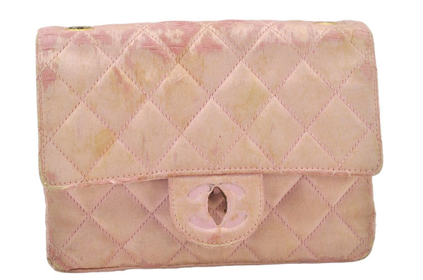 Authentic CHANEL Vintage Satin Matelasse Shoulder Bag Purse Pink Junk CC 5252K