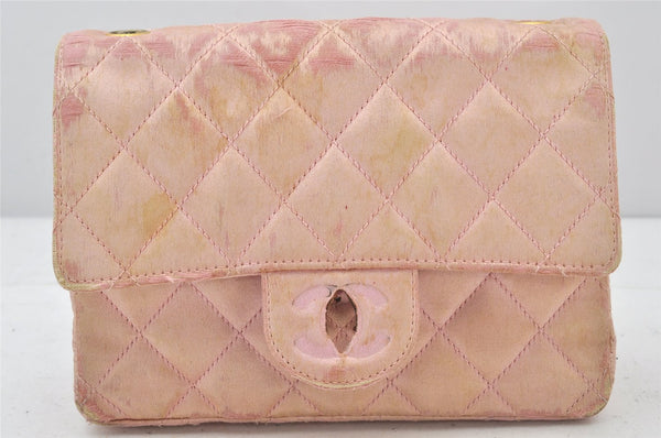 Authentic CHANEL Vintage Satin Matelasse Shoulder Bag Purse Pink Junk CC 5252K