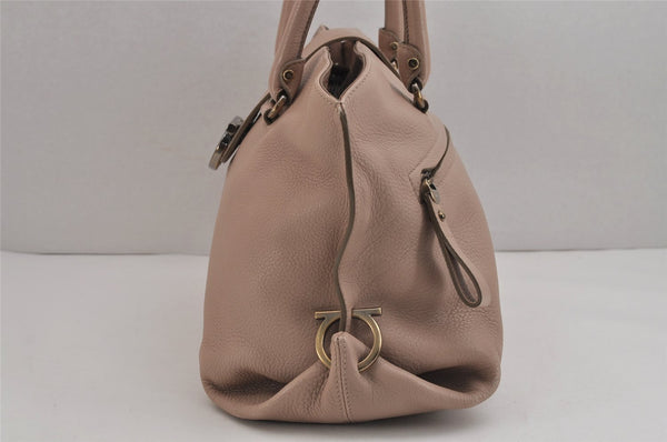 Authentic Salvatore Ferragamo Gancini Leather Shoulder Tote Bag Pink Beige 5253J