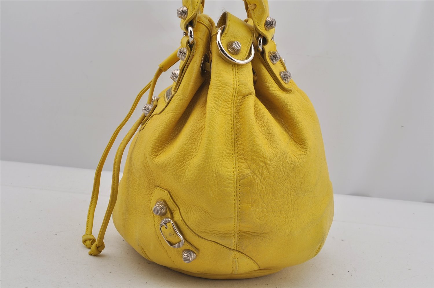 Auth BALENCIAGA Giant Mini Pompon 2Way Hand Bag Leather 2509207 Yellow 5254J