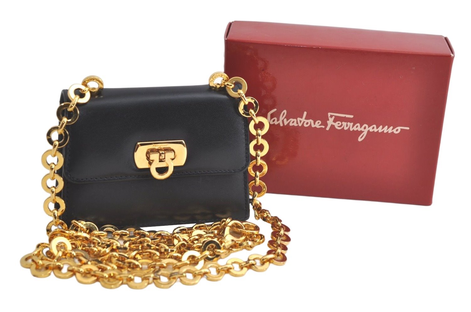 Authentic Salvatore Ferragamo Gancini Leather Shoulder Pouch Navy Box Junk 5256K