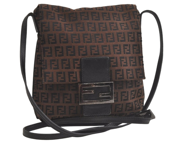 Authentic FENDI Zucchino Mamma Baguette Shoulder Bag Canvas Leather Brown 5273K