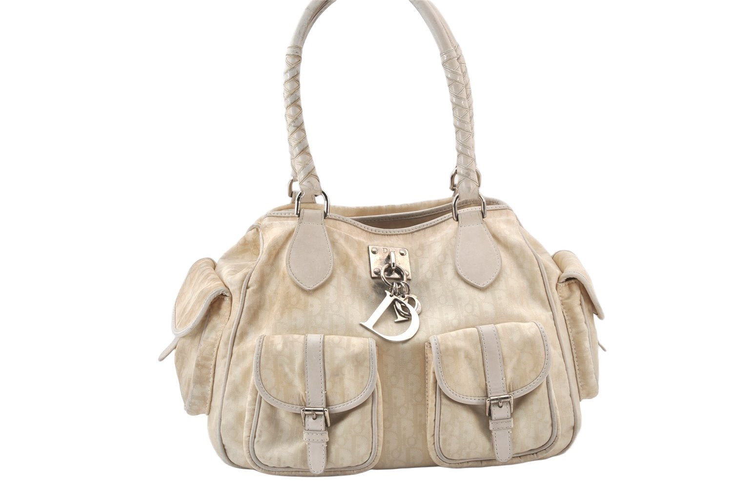Authentic Christian Dior Trotter Lovely Hand Bag Purse Nylon Leather Beige 5278K