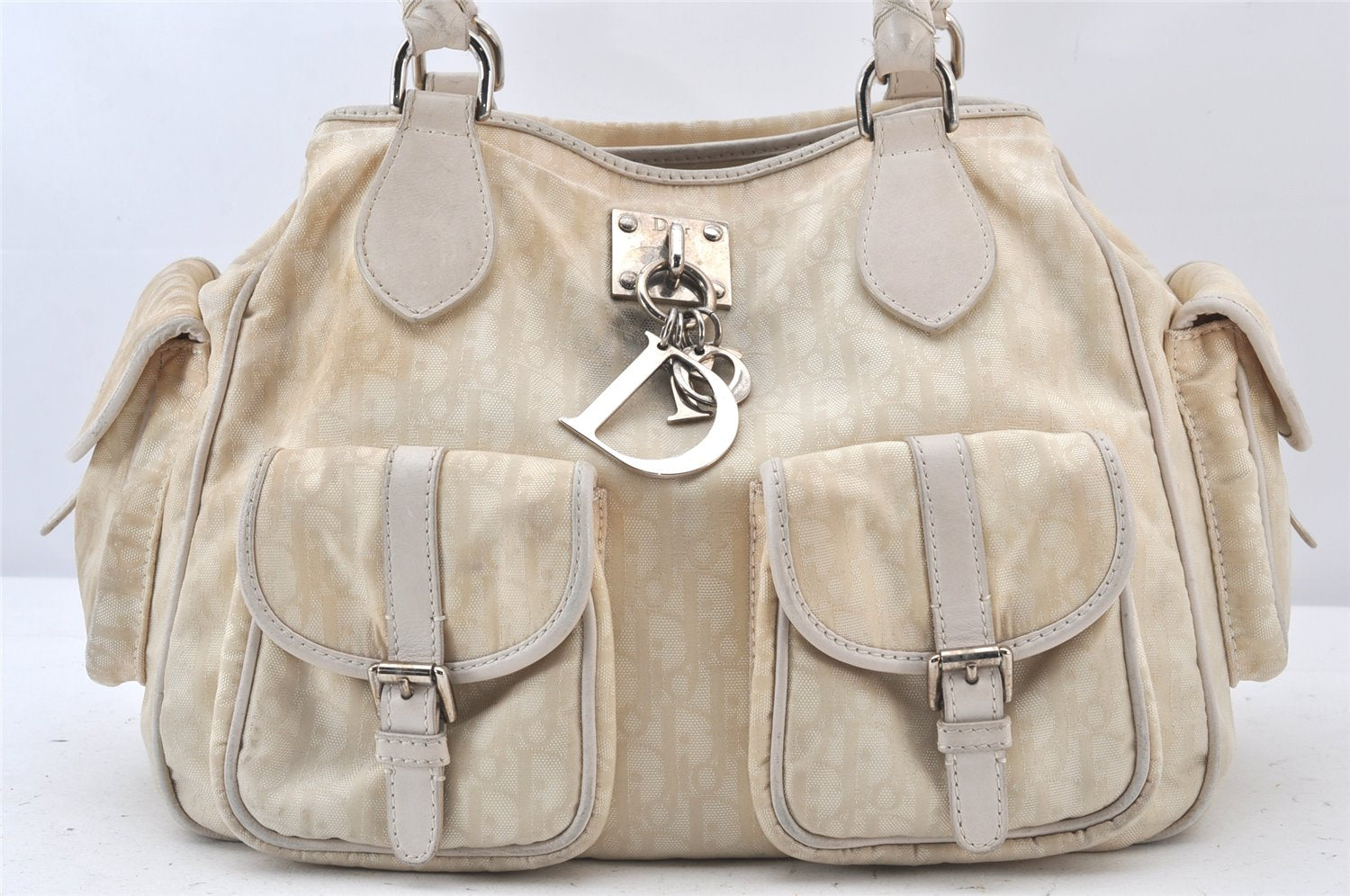 Authentic Christian Dior Trotter Lovely Hand Bag Purse Nylon Leather Beige 5278K