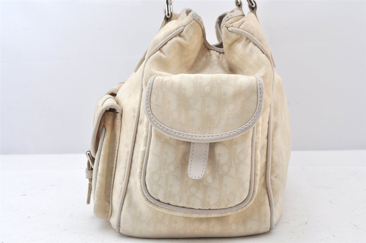 Authentic Christian Dior Trotter Lovely Hand Bag Purse Nylon Leather Beige 5278K