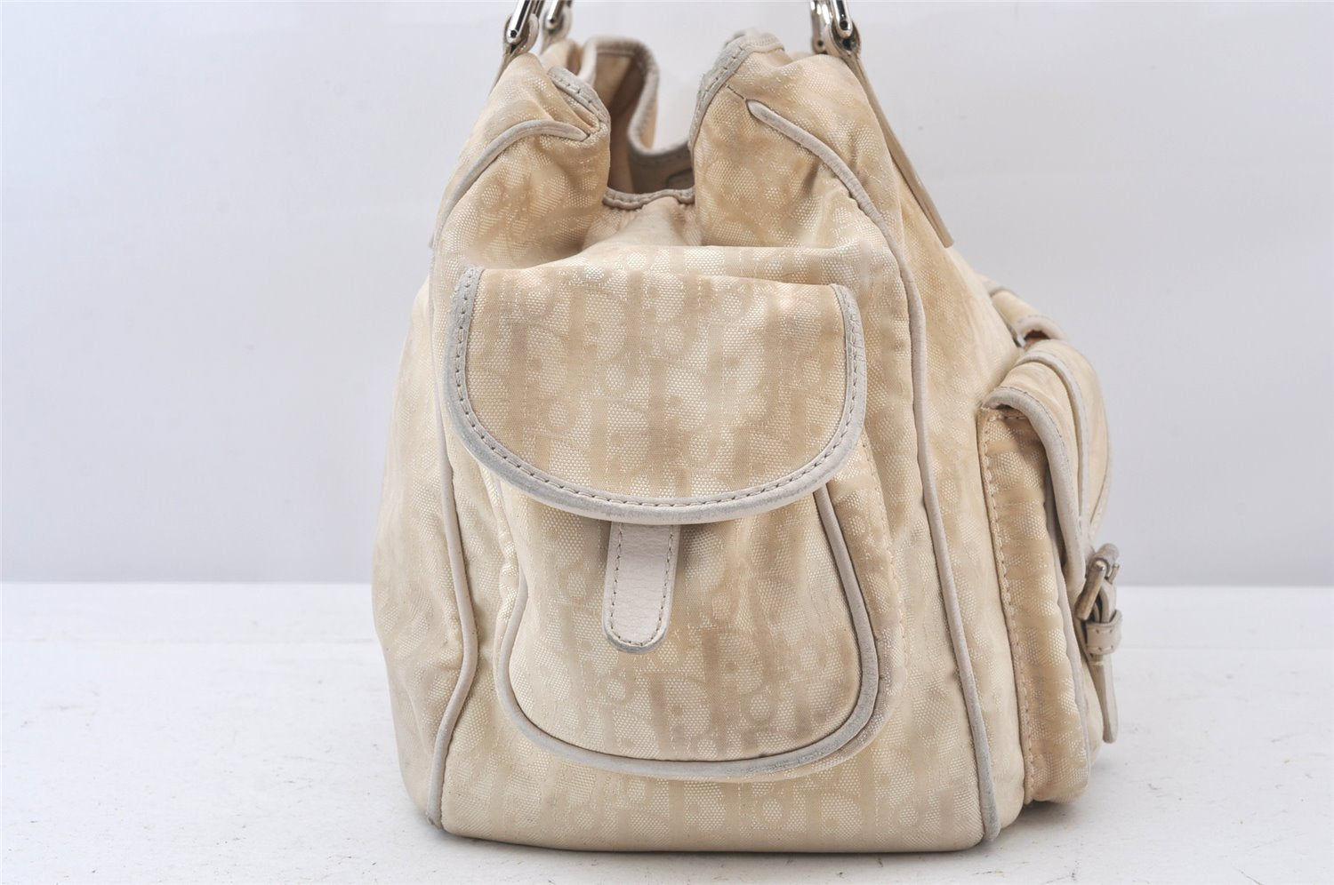 Authentic Christian Dior Trotter Lovely Hand Bag Purse Nylon Leather Beige 5278K