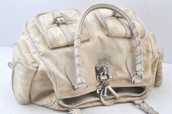 Authentic Christian Dior Trotter Lovely Hand Bag Purse Nylon Leather Beige 5278K