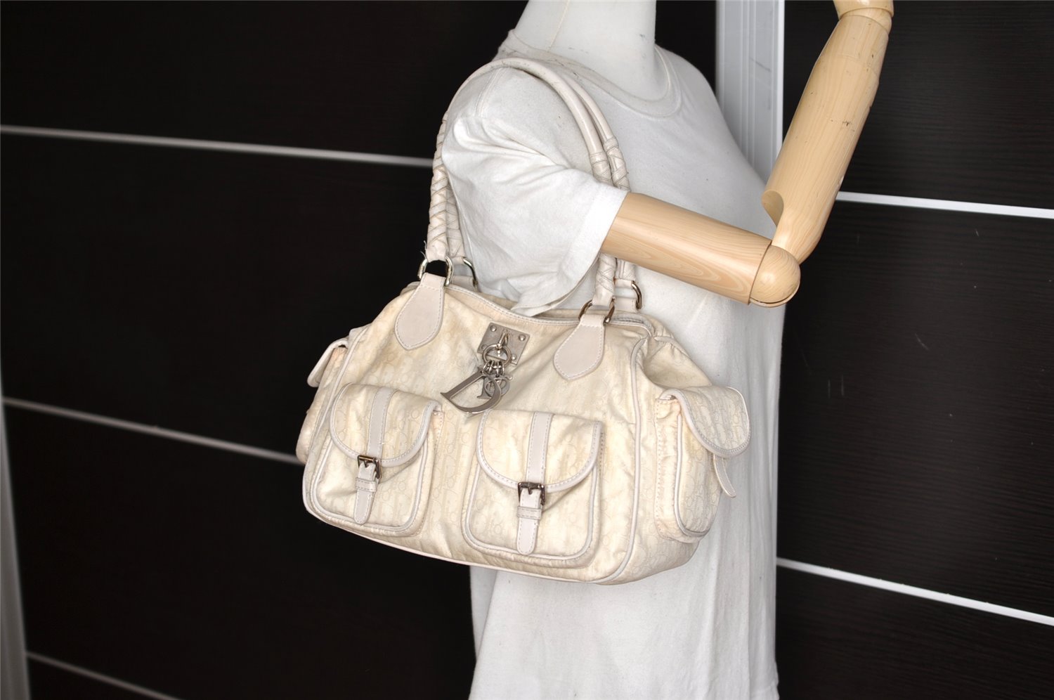 Authentic Christian Dior Trotter Lovely Hand Bag Purse Nylon Leather Beige 5278K