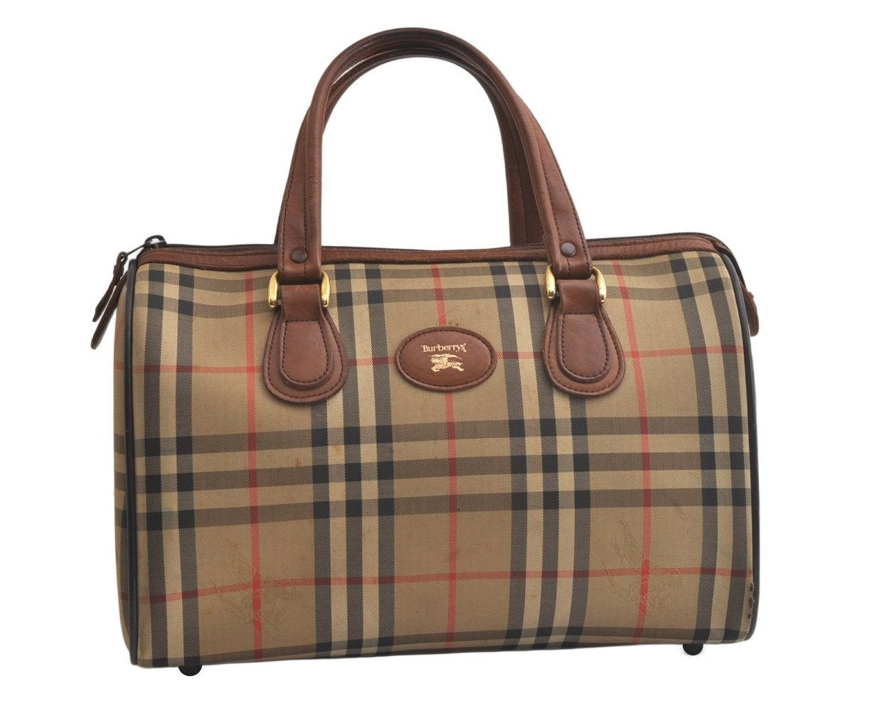 Authentic Burberrys Nova Check Canvas Leather Hand Boston Bag Beige Brown 5280K