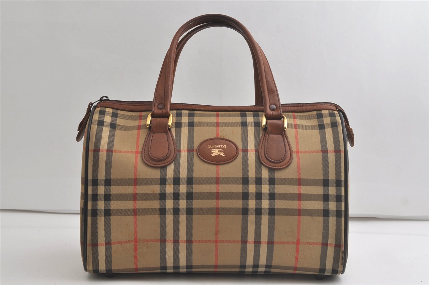 Authentic Burberrys Nova Check Canvas Leather Hand Boston Bag Beige Brown 5280K