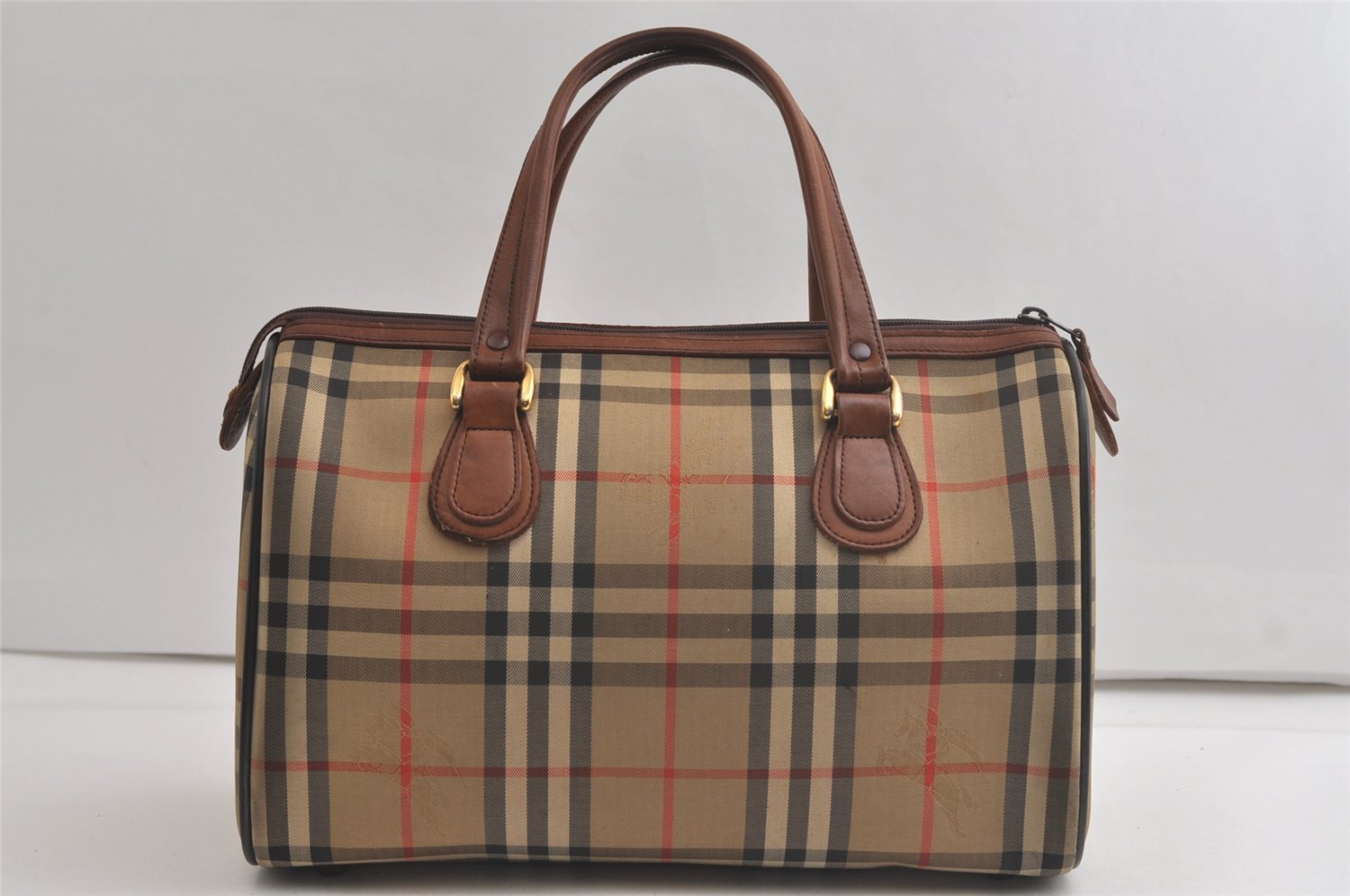 Authentic Burberrys Nova Check Canvas Leather Hand Boston Bag Beige Brown 5280K