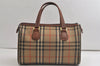 Authentic Burberrys Nova Check Canvas Leather Hand Boston Bag Beige Brown 5280K