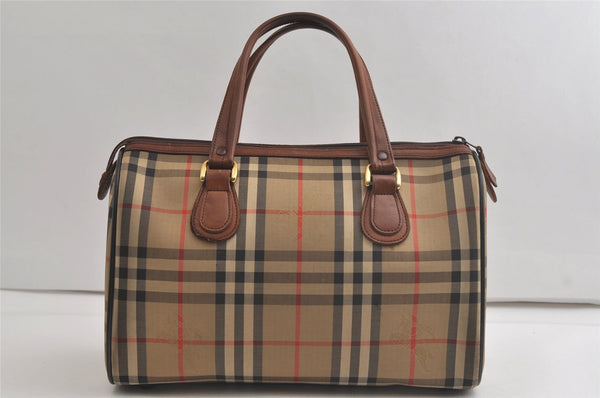 Authentic Burberrys Nova Check Canvas Leather Hand Boston Bag Beige Brown 5280K