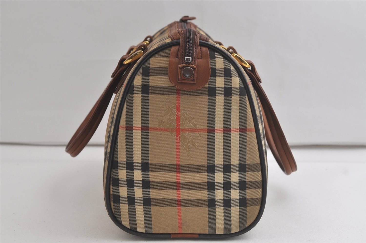 Authentic Burberrys Nova Check Canvas Leather Hand Boston Bag Beige Brown 5280K