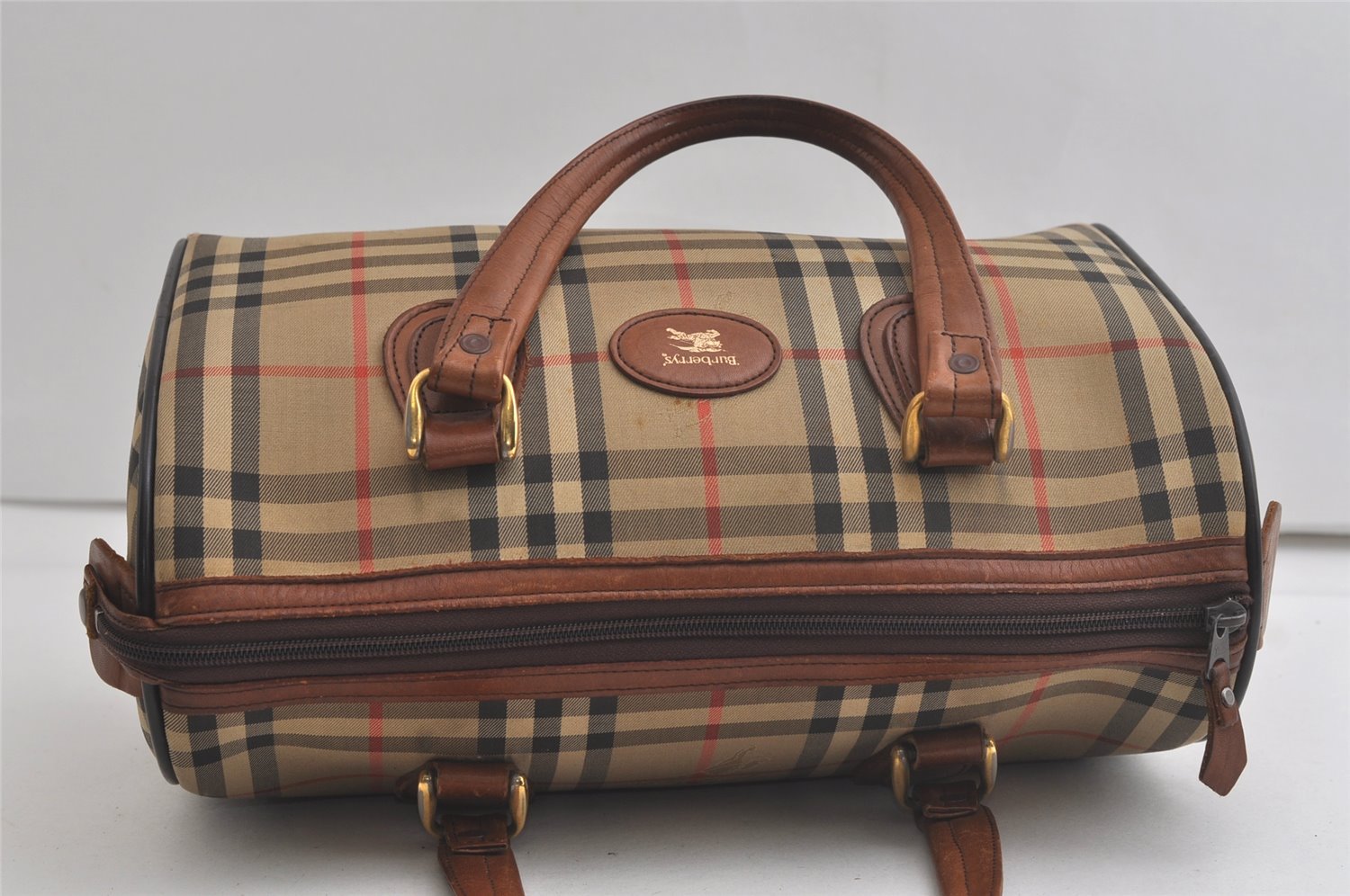 Authentic Burberrys Nova Check Canvas Leather Hand Boston Bag Beige Brown 5280K