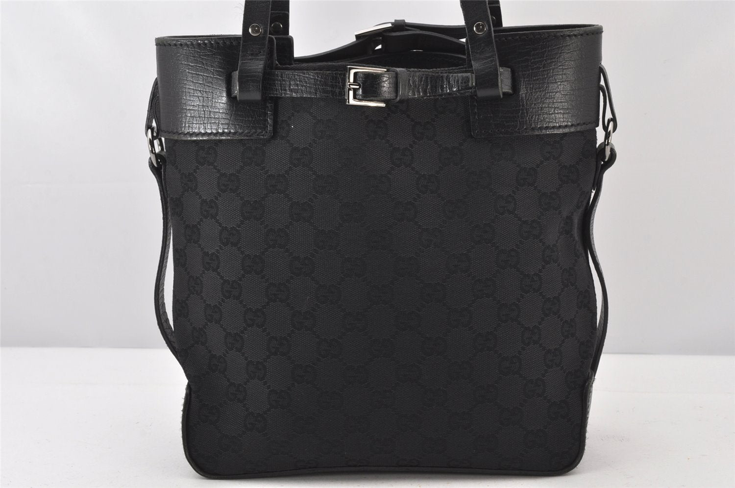 Authentic GUCCI Vintage Shoulder Tote Bag GG Canvas Leather 107757 Black 5283K