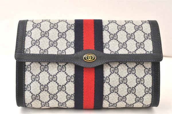 Authentic GUCCI Sherry Line Clutch Hand Bag Purse GG PVC Leather Navy Blue 5285K