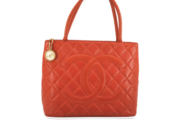 Authentic CHANEL Lamb Skin Medallion CC Logo Shoulder Tote Bag Orange 5285M