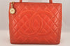 Authentic CHANEL Lamb Skin Medallion CC Logo Shoulder Tote Bag Orange 5285M