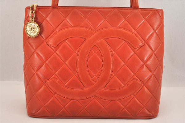 Authentic CHANEL Lamb Skin Medallion CC Logo Shoulder Tote Bag Orange 5285M