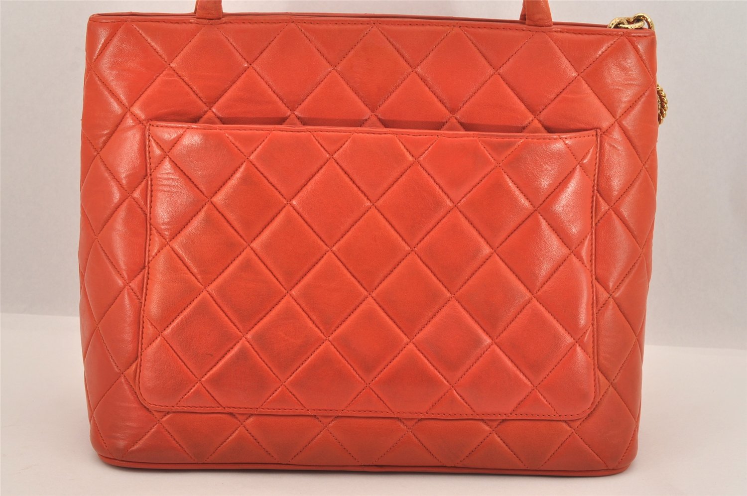 Authentic CHANEL Lamb Skin Medallion CC Logo Shoulder Tote Bag Orange 5285M