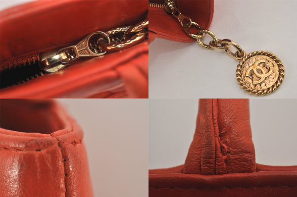 Authentic CHANEL Lamb Skin Medallion CC Logo Shoulder Tote Bag Orange 5285M