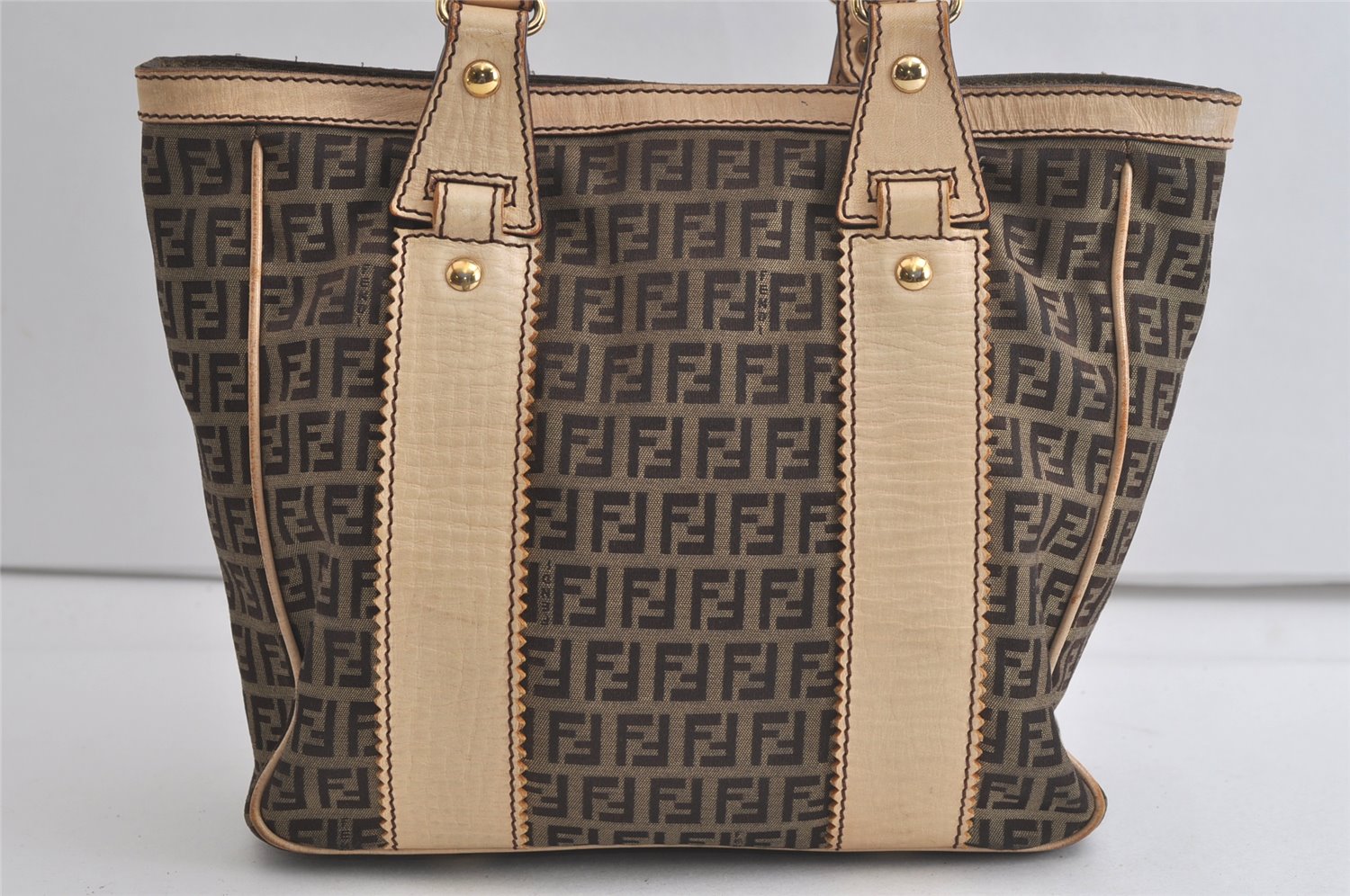 Authentic FENDI Zucchino Shoulder Tote Bag Canvas Leather Brown Junk 5288K