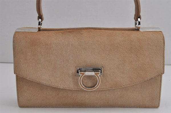 Authentic Salvatore Ferragamo Gancini Unborn Calf Leather Hand Bag Beige 5289J