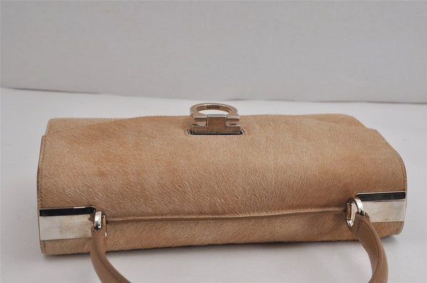 Authentic Salvatore Ferragamo Gancini Unborn Calf Leather Hand Bag Beige 5289J