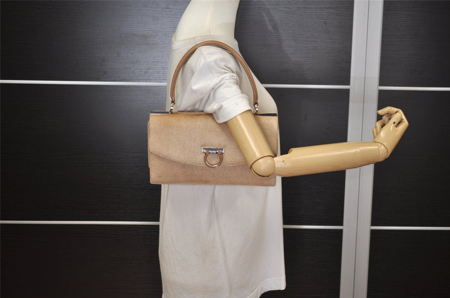 Authentic Salvatore Ferragamo Gancini Unborn Calf Leather Hand Bag Beige 5289J