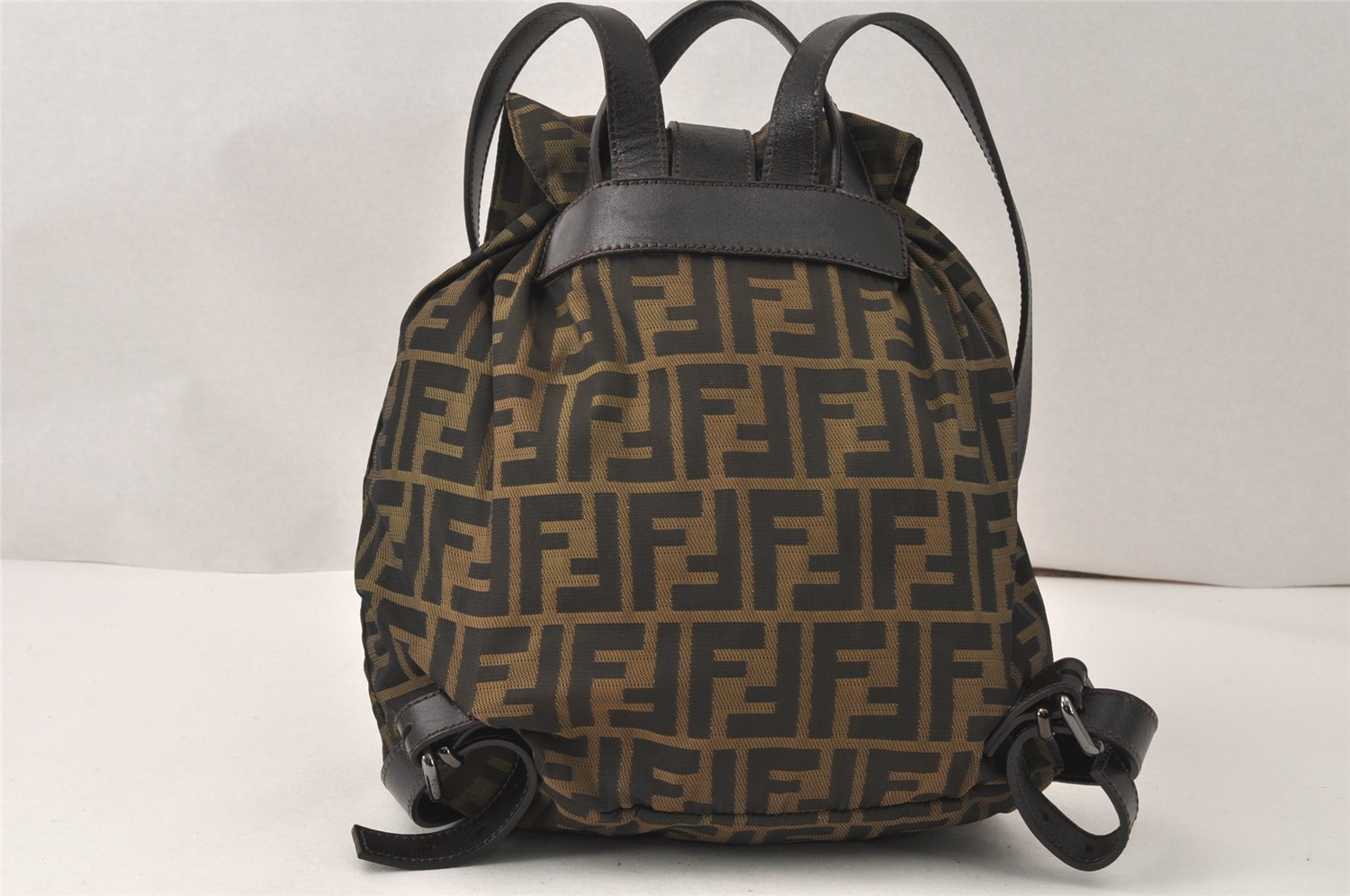 Authentic FENDI Zucca Drawstring Backpack Purse Nylon Leather Brown Junk 5297K