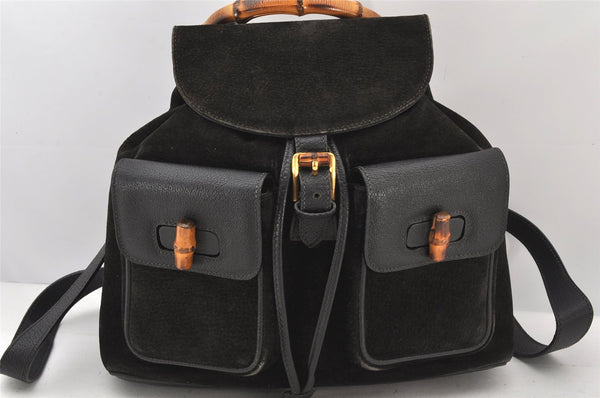 Authentic GUCCI Vintage Bamboo Drawstring Backpack Suede Leather Black 5298K