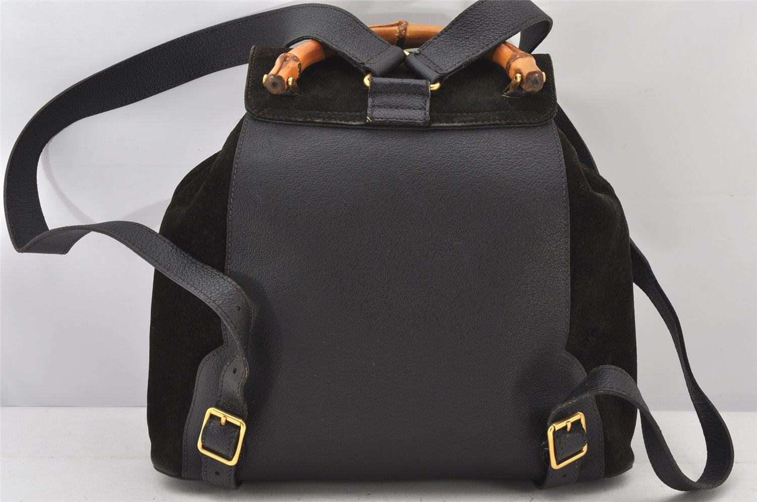 Authentic GUCCI Vintage Bamboo Drawstring Backpack Suede Leather Black 5298K