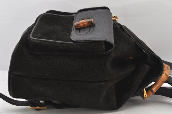 Authentic GUCCI Vintage Bamboo Drawstring Backpack Suede Leather Black 5298K
