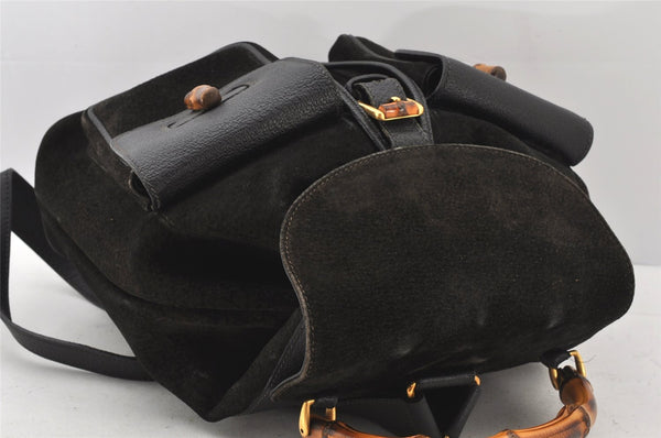 Authentic GUCCI Vintage Bamboo Drawstring Backpack Suede Leather Black 5298K