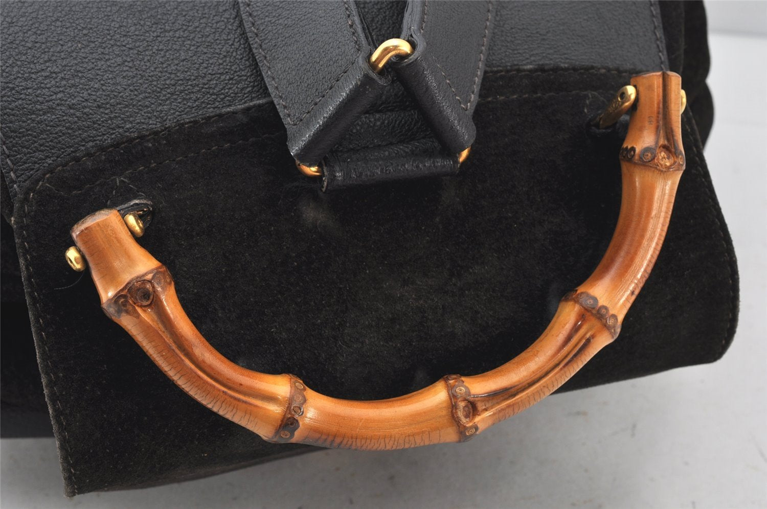 Authentic GUCCI Vintage Bamboo Drawstring Backpack Suede Leather Black 5298K