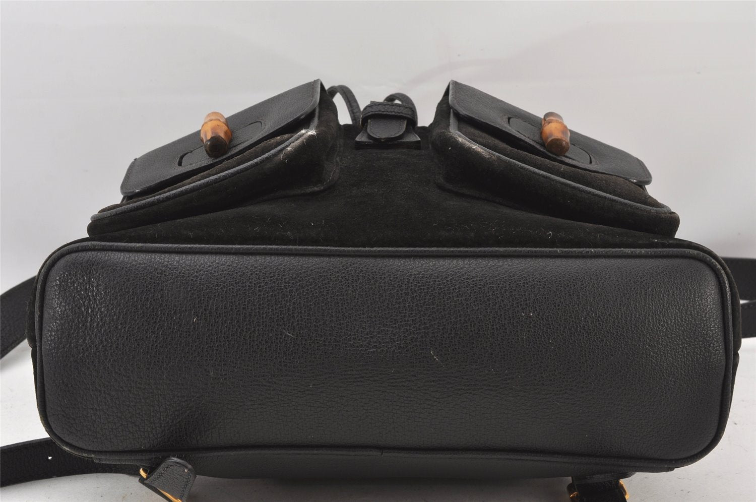 Authentic GUCCI Vintage Bamboo Drawstring Backpack Suede Leather Black 5298K