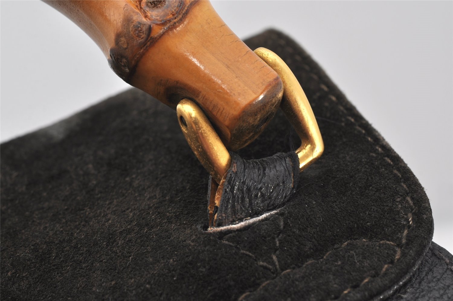 Authentic GUCCI Vintage Bamboo Drawstring Backpack Suede Leather Black 5298K