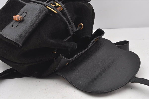 Authentic GUCCI Vintage Bamboo Drawstring Backpack Suede Leather Black 5298K